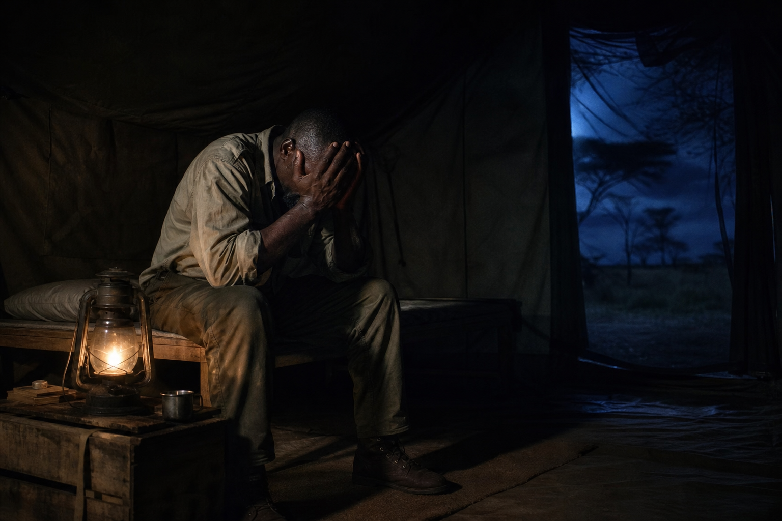 A man sits alone inside a dark canvas tent at night, illuminated by soft moonlight, reflecting intense fear and quiet relief.