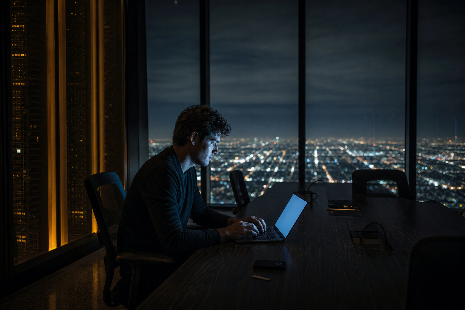 A male tech engineer sits in a dark, high-rise Silicon Valley boardroom at night, illuminated by a laptop screen against a city view.
