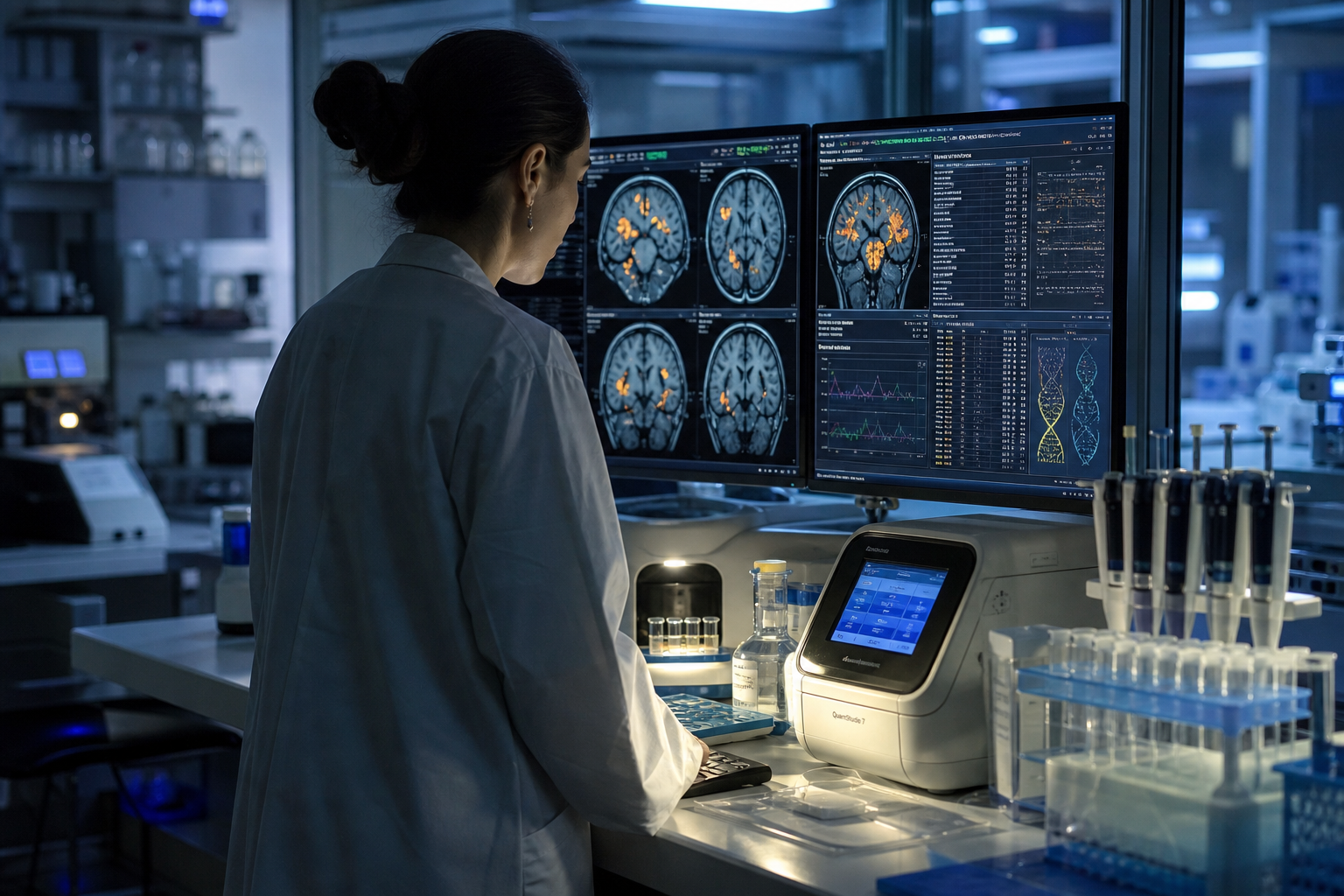 A scientist in a clinical lab analyzes fMRI brain scans and genetic sequencing data displayed on glowing monitors.