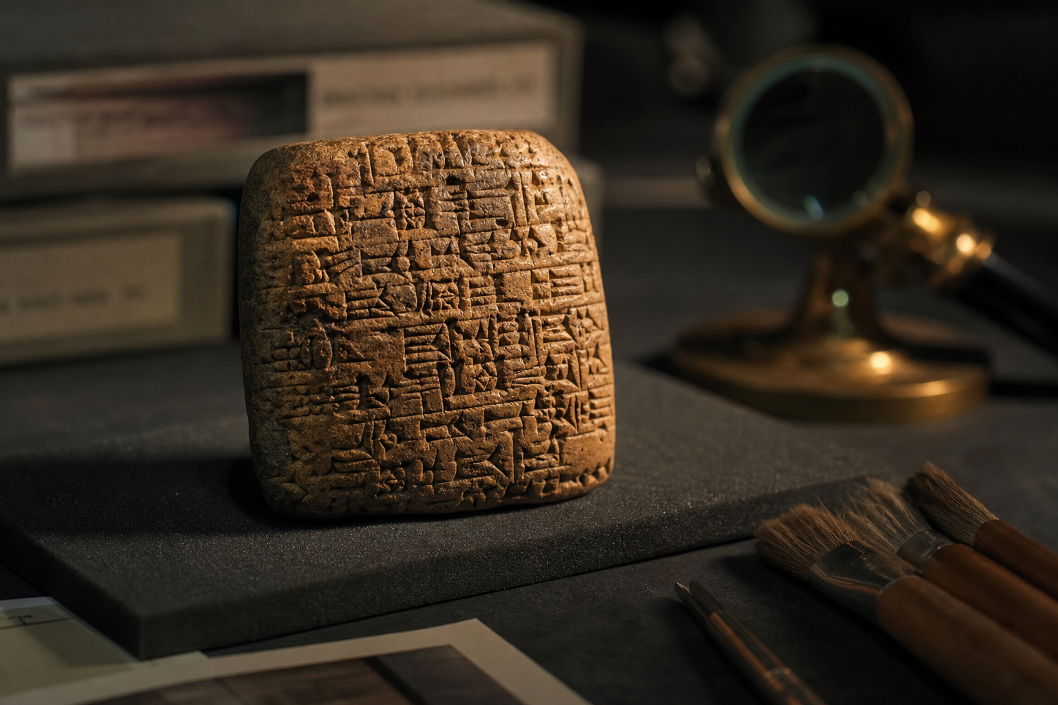 A close-up of an ancient Sumerian clay tablet with cuneiform inscriptions resting on a museum archival tray under focused light.