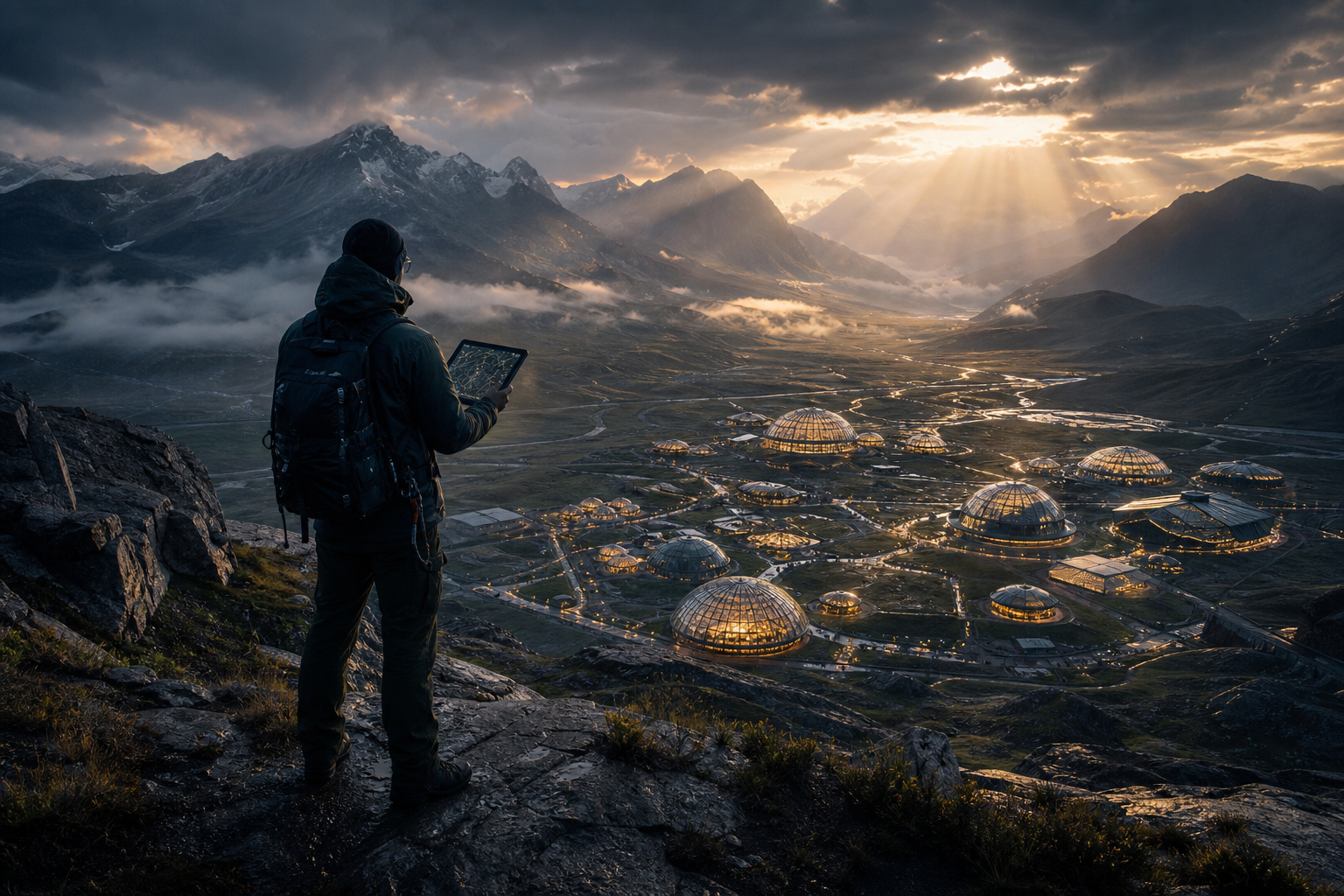 An expansive dusk landscape showing a decentralized, softly glowing eco-settlement nestled in a misty mountain valley observed from a ridge.