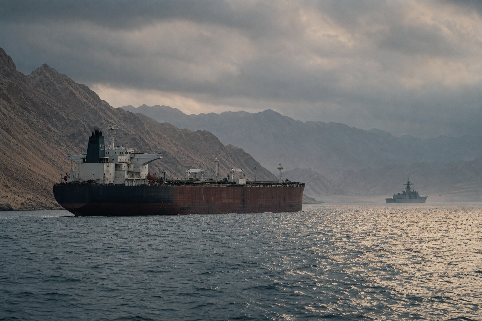 A large oil tanker navigates a hazy, narrow sea strait near rugged coastal cliffs beside a distant military vessel at dusk.