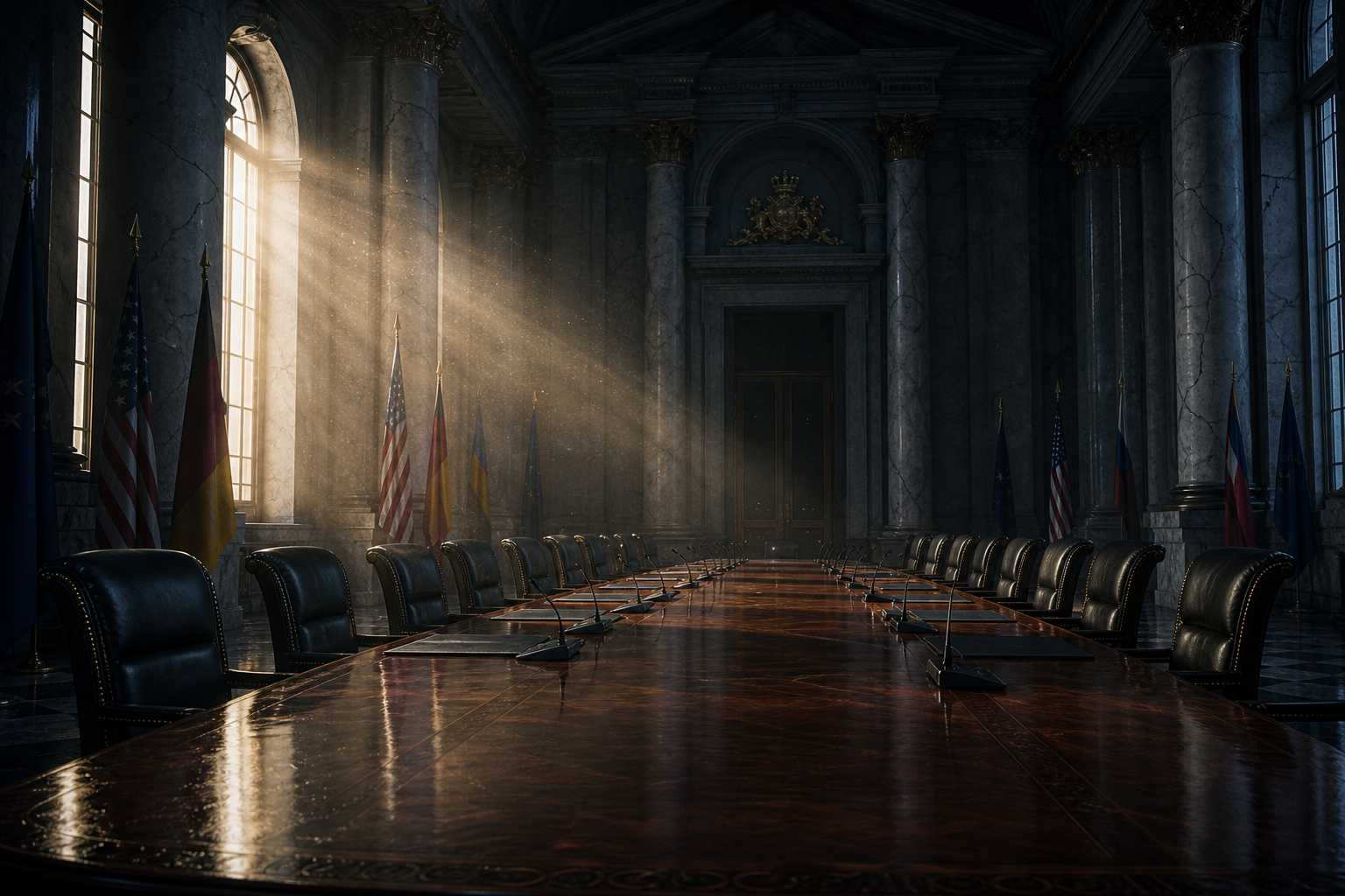 An empty, grand neoclassical boardroom with a long wooden table illuminated by a single shaft of light through high windows.