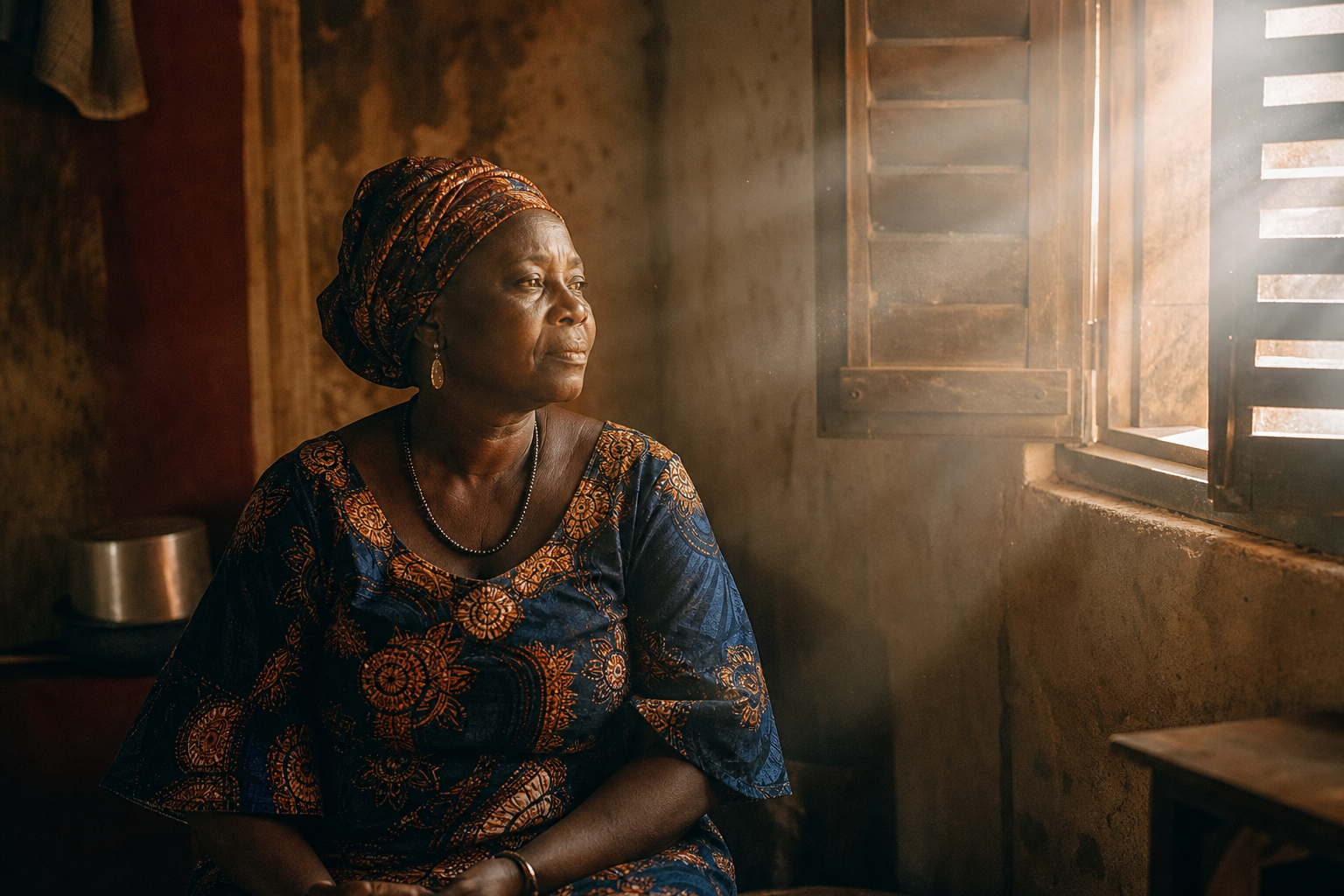 A West African woman sits thoughtfully in a sunlit room in Nigeria, illuminated by warm morning light filtering through an open shutter.