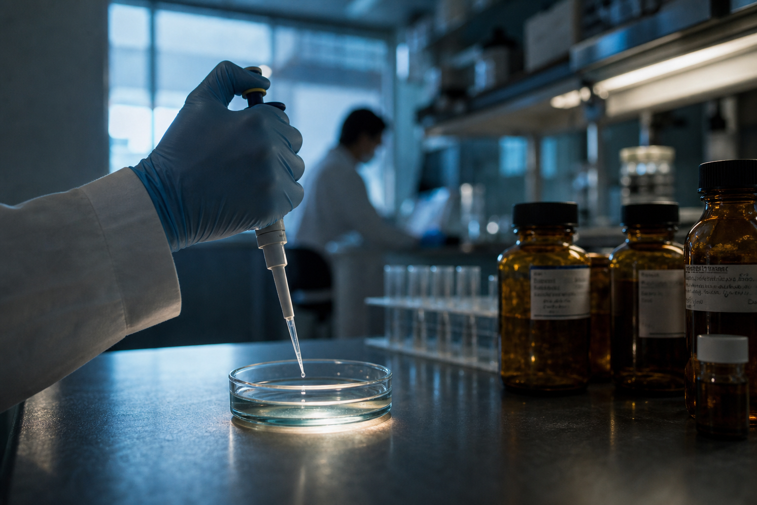 A close-up of a researcher in blue nitrile gloves holding a pipette over a petri dish in a modern medical laboratory.
