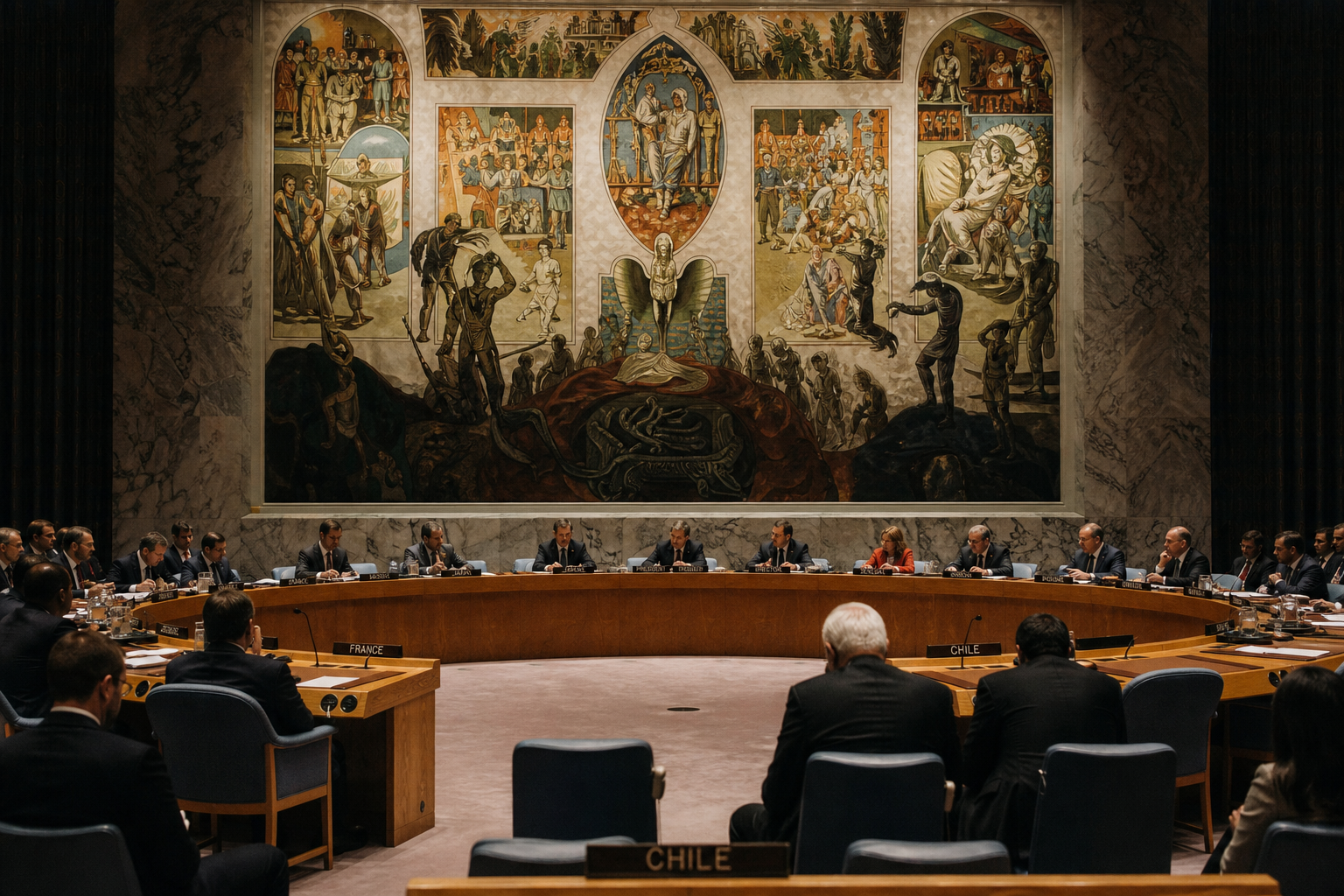 Diplomats sit at the horseshoe table in the UN Security Council chamber beneath the massive historic mural towering on the wall.
