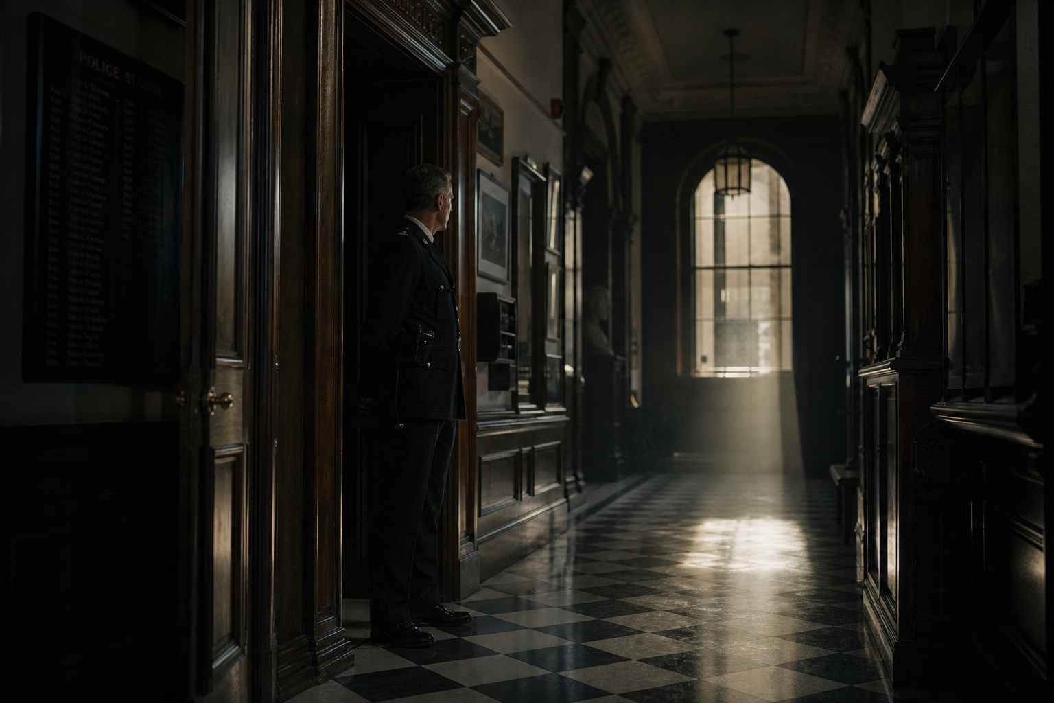 A silhouetted police officer stands in a dimly lit, historic institutional hallway with a checkered tiled floor.