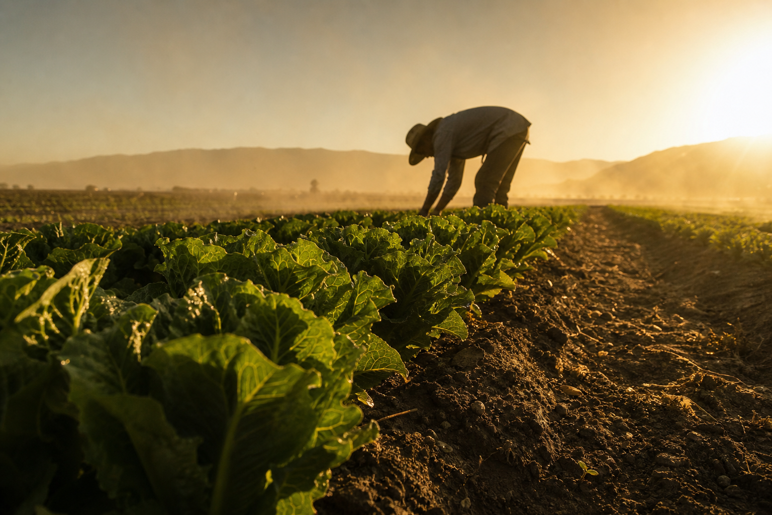 A farmworker tends to rows of green produce in a sun-drenched, dusty agricultural field during late afternoon.