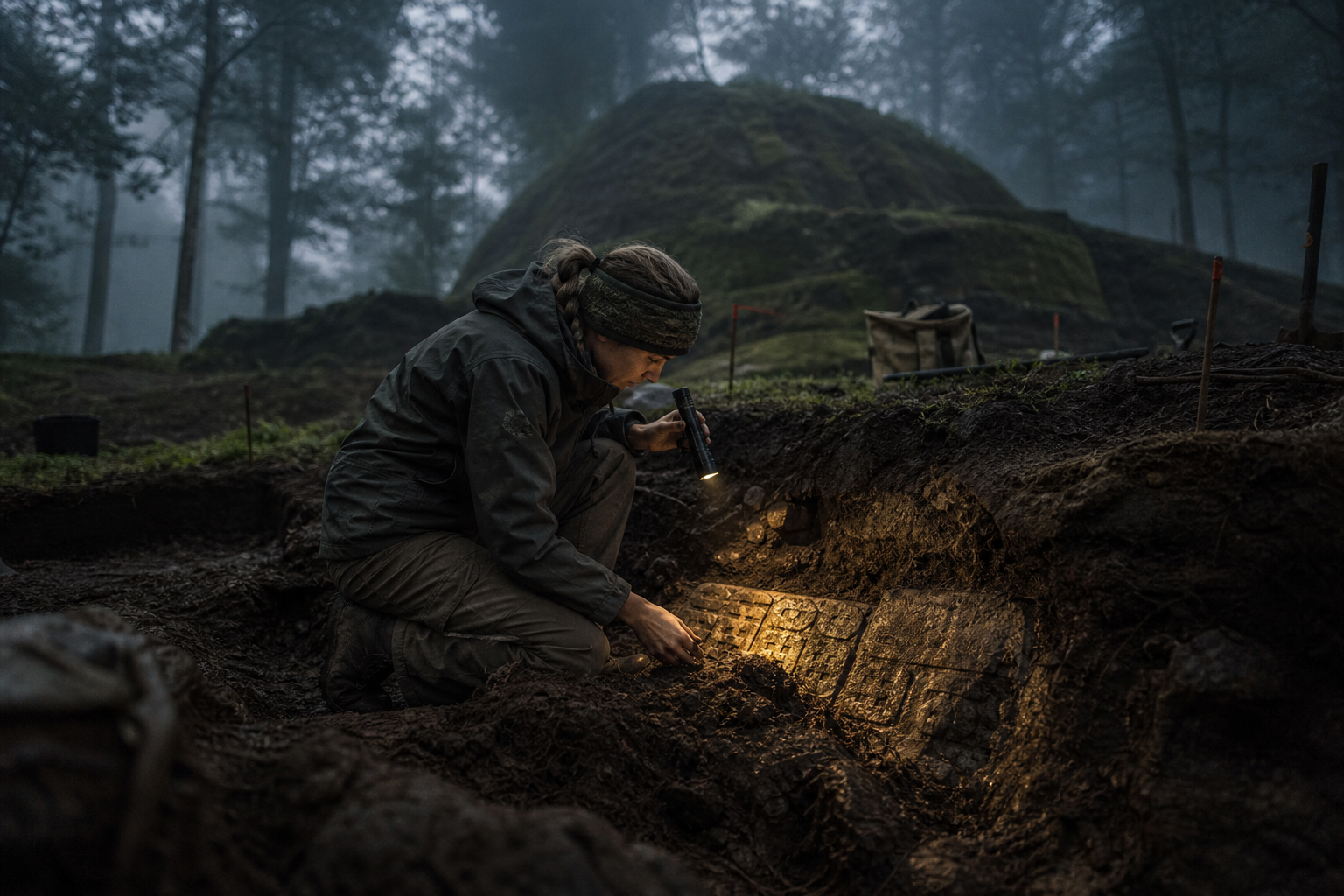 An archaeologist with a lamp inspects exposed stone in an earthwork trench within a foggy, forested river valley at twilight.
