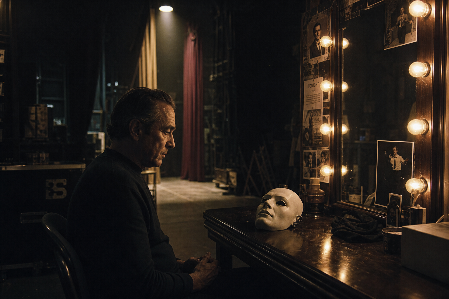 A man sits thoughtfully at a backstage vanity table in a dimly lit studio, gazing at a theatrical mask under a single spotlight.