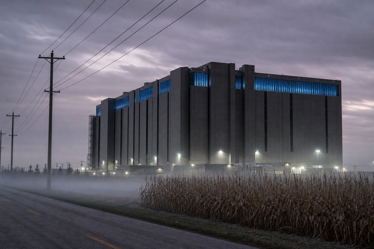 A massive, windowless AI data center monolith rises over a misty Midwestern landscape at dusk under utility power lines.