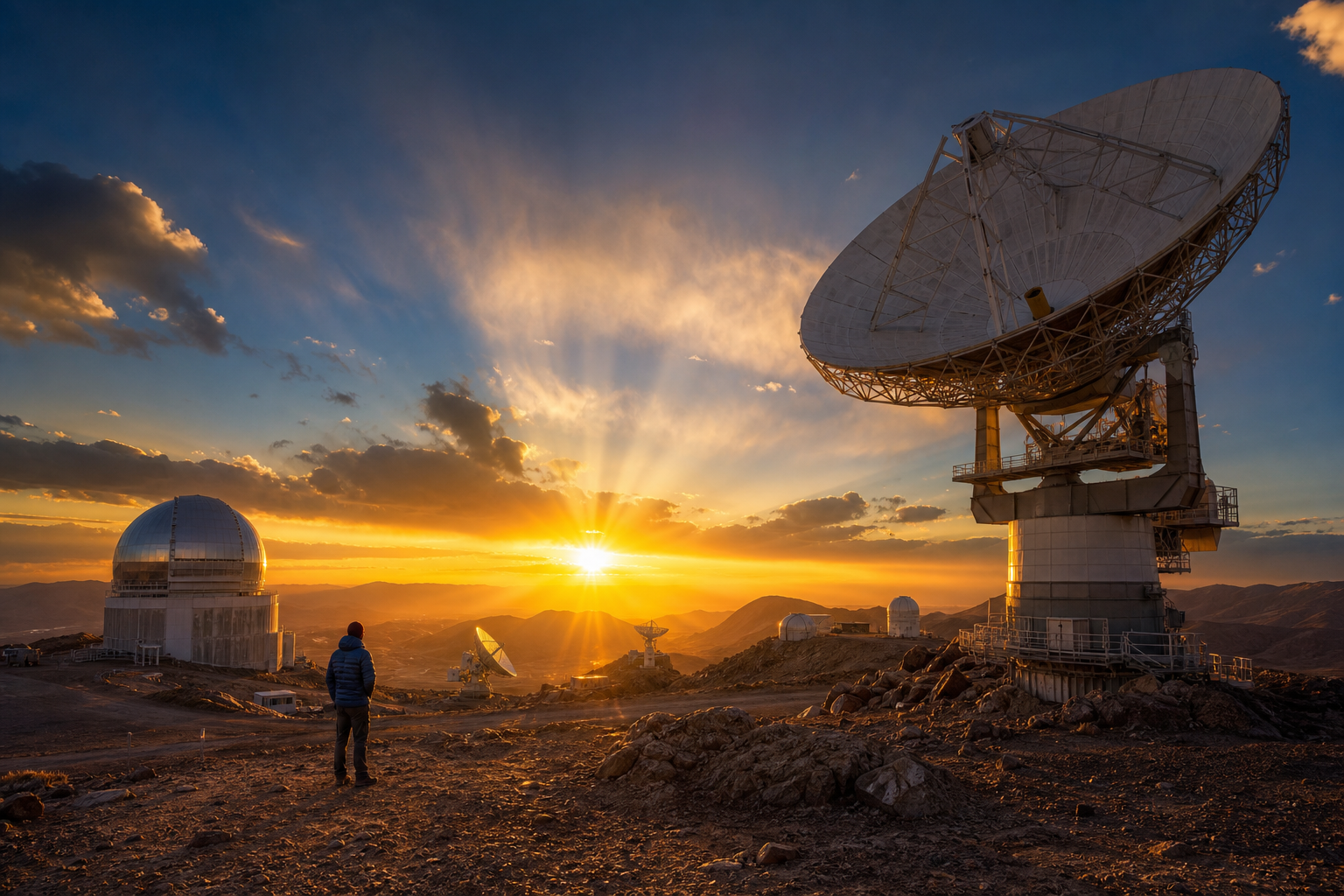 A lone researcher stands near high-altitude observatory domes under a dramatic dawn sky filled with golden solar light rays.
