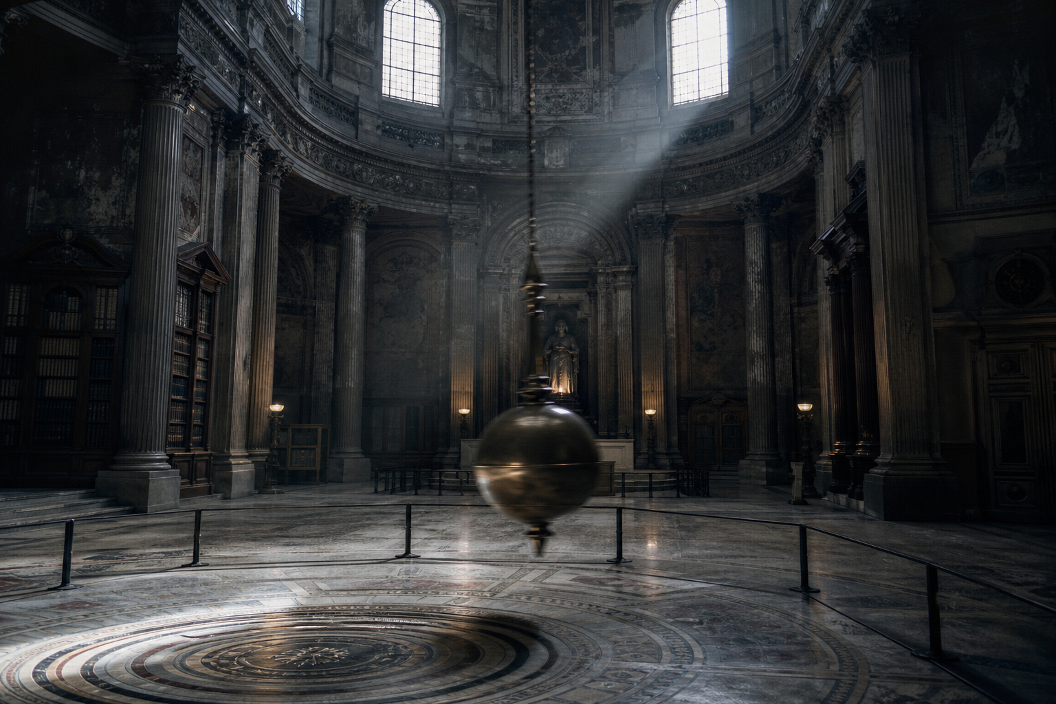 A large bronze pendulum swings over a worn marble floor inside a grand, classic rotunda lit by rays of morning sunlight.