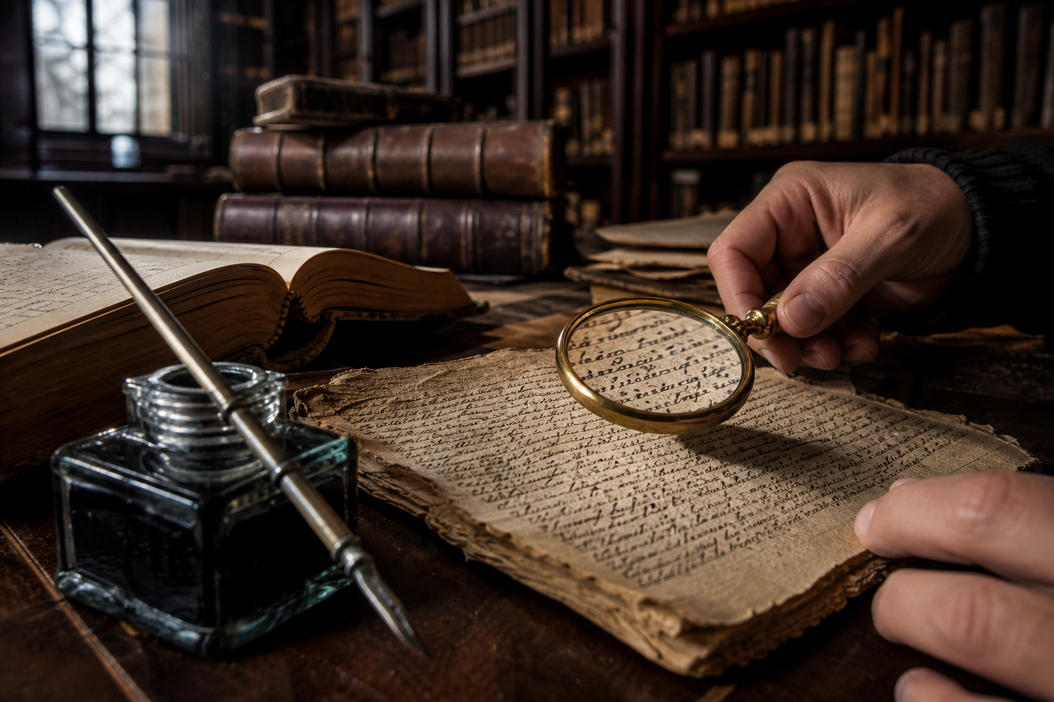An archivist's hands hold a magnifying glass over an ancient handwritten cursive manuscript on a dark wood library desk.
