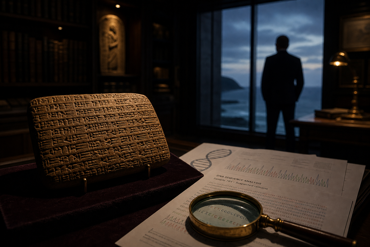 An ancient cuneiform clay tablet illuminated on a dark desk in a private archive, with scientific charts and a shadowed figure nearby.