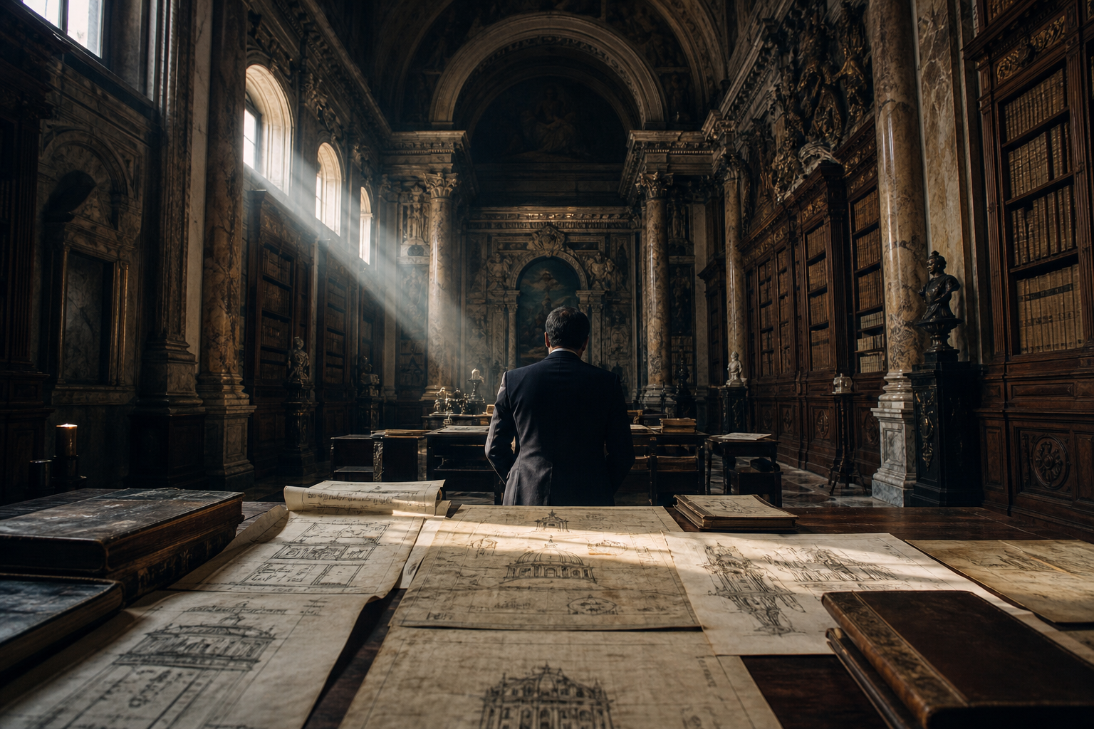A solitary figure in a dark suit stands inside a grand, shadowed historic archive with marble columns and tall arched windows.