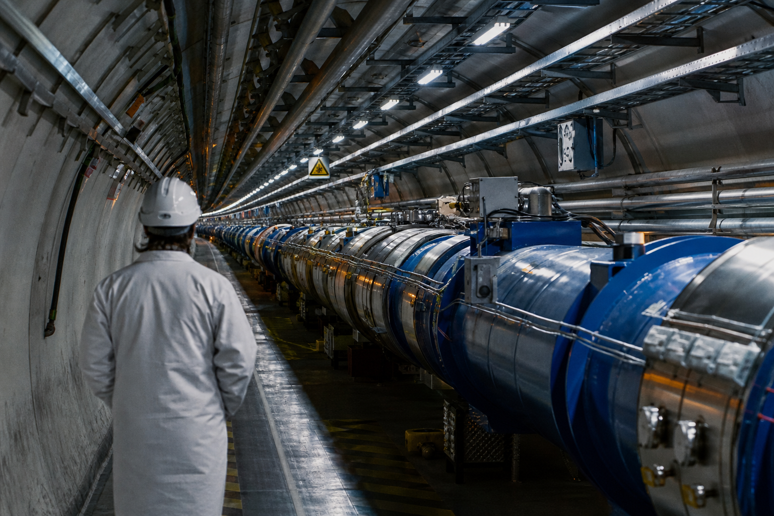 A lone scientist stands before a massive particle accelerator tube in a deep subterranean underground laboratory tunnel.