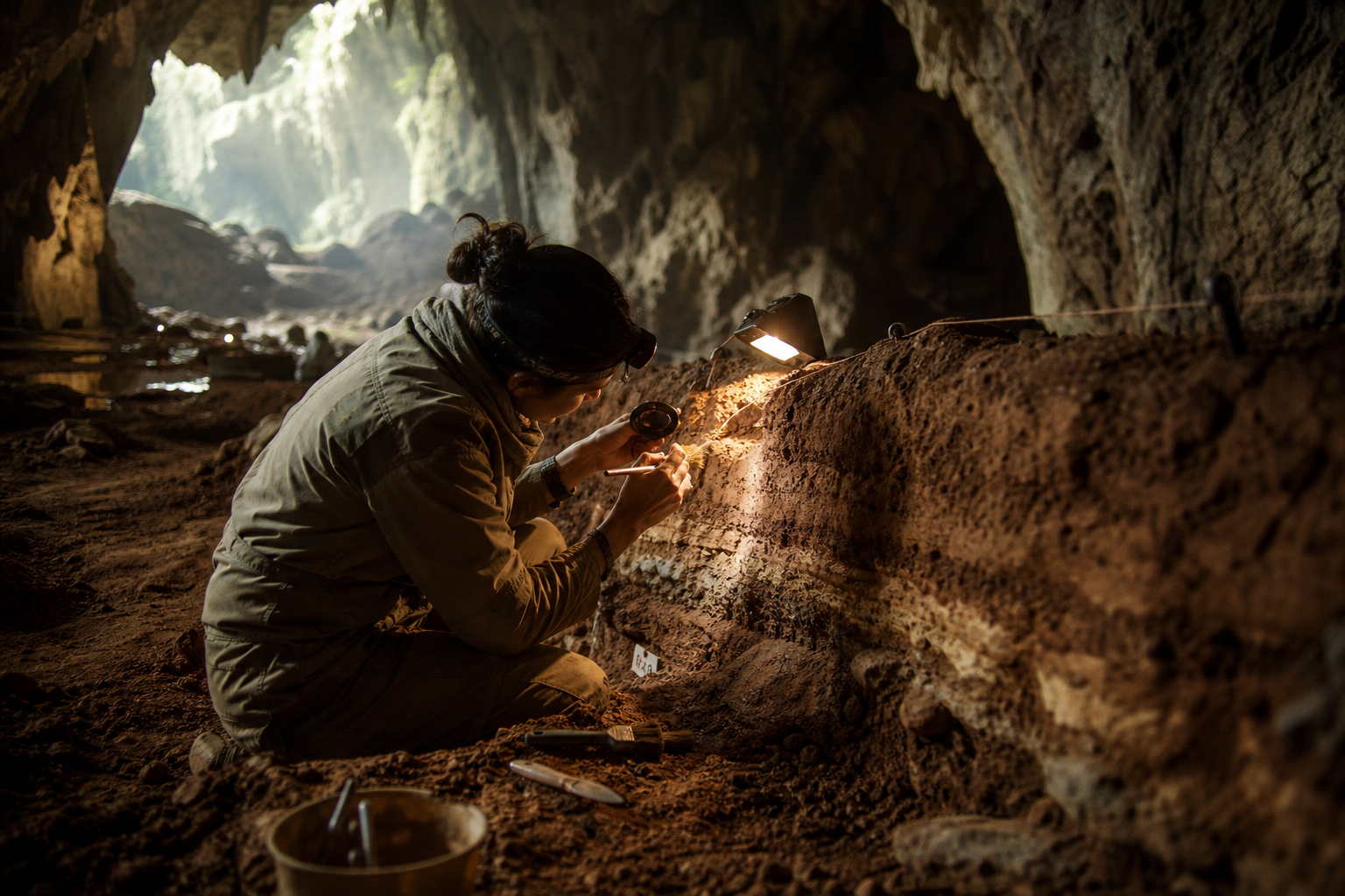 An archaeologist examines sediment layers inside a dimly lit limestone cave using a field lamp.