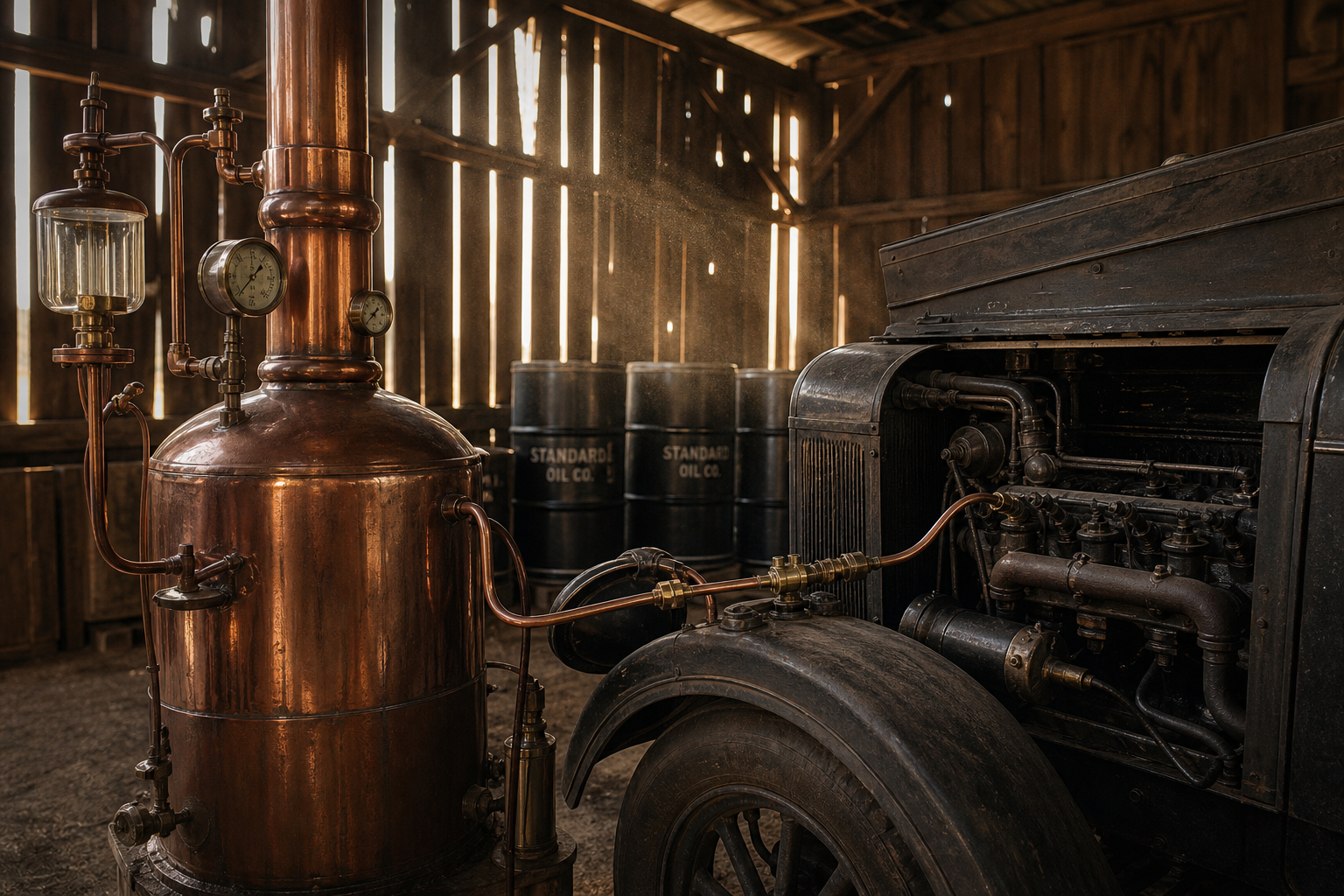 A 1920s barn workshop featuring a copper alcohol still connected to a vintage tractor engine in dramatic sunlight.