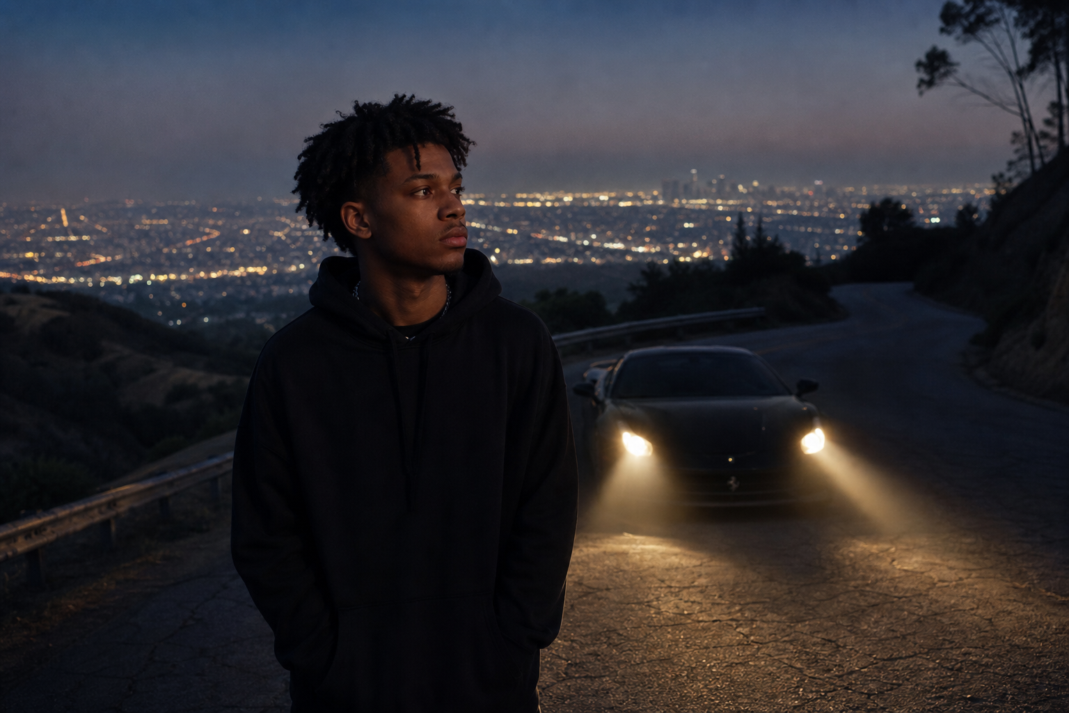 A young man stands alone on a quiet road in the Los Angeles hills at twilight, looking out at the distant city lights.
