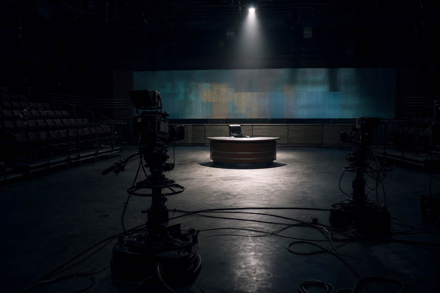 An empty television studio set with a single illuminated talk show desk and vacant audience seating shrouded in dark shadows.
