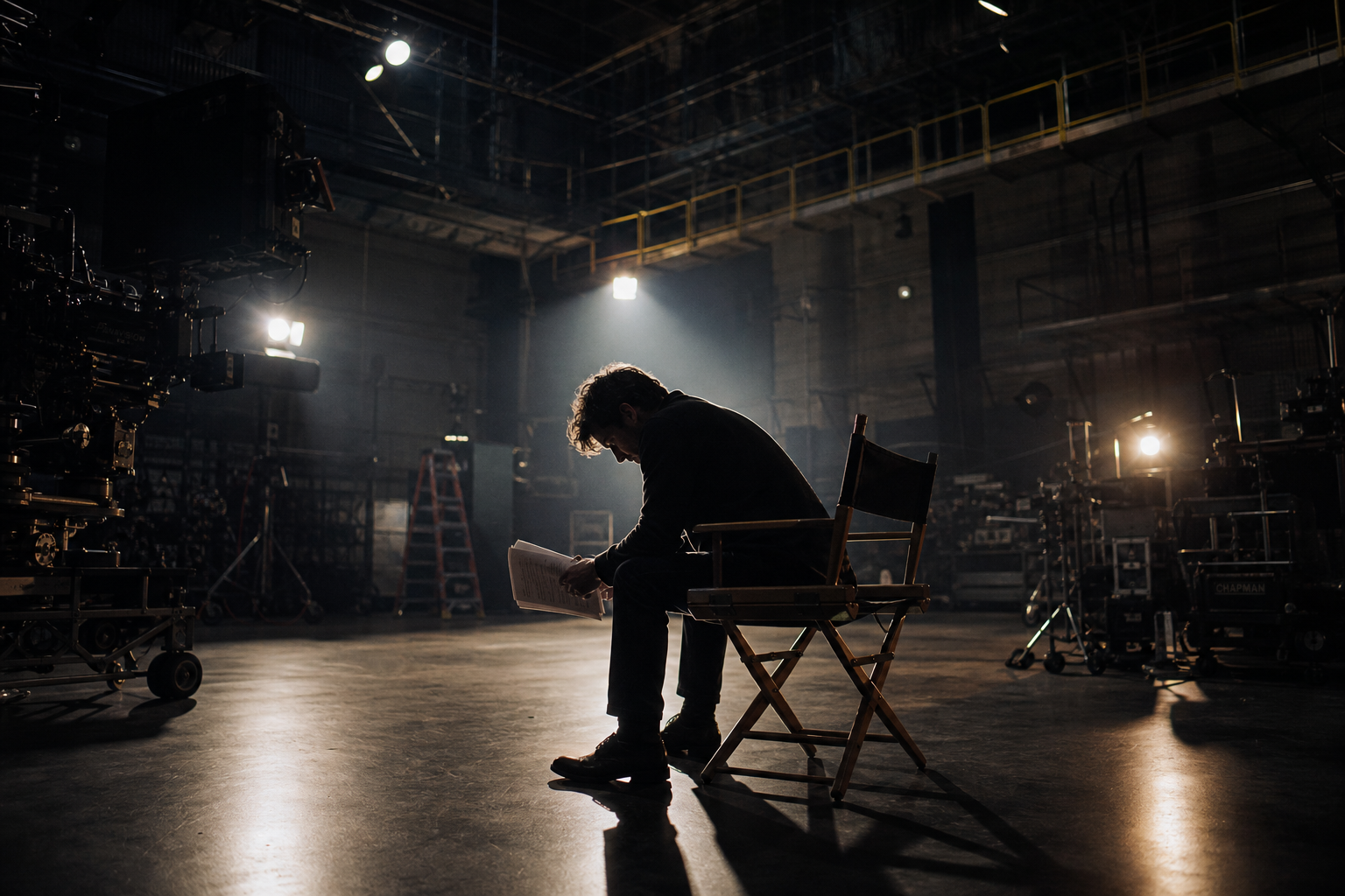 A lone performer sits thoughtfully on a dimly lit film soundstage surrounded by towering camera equipment and deep shadows.