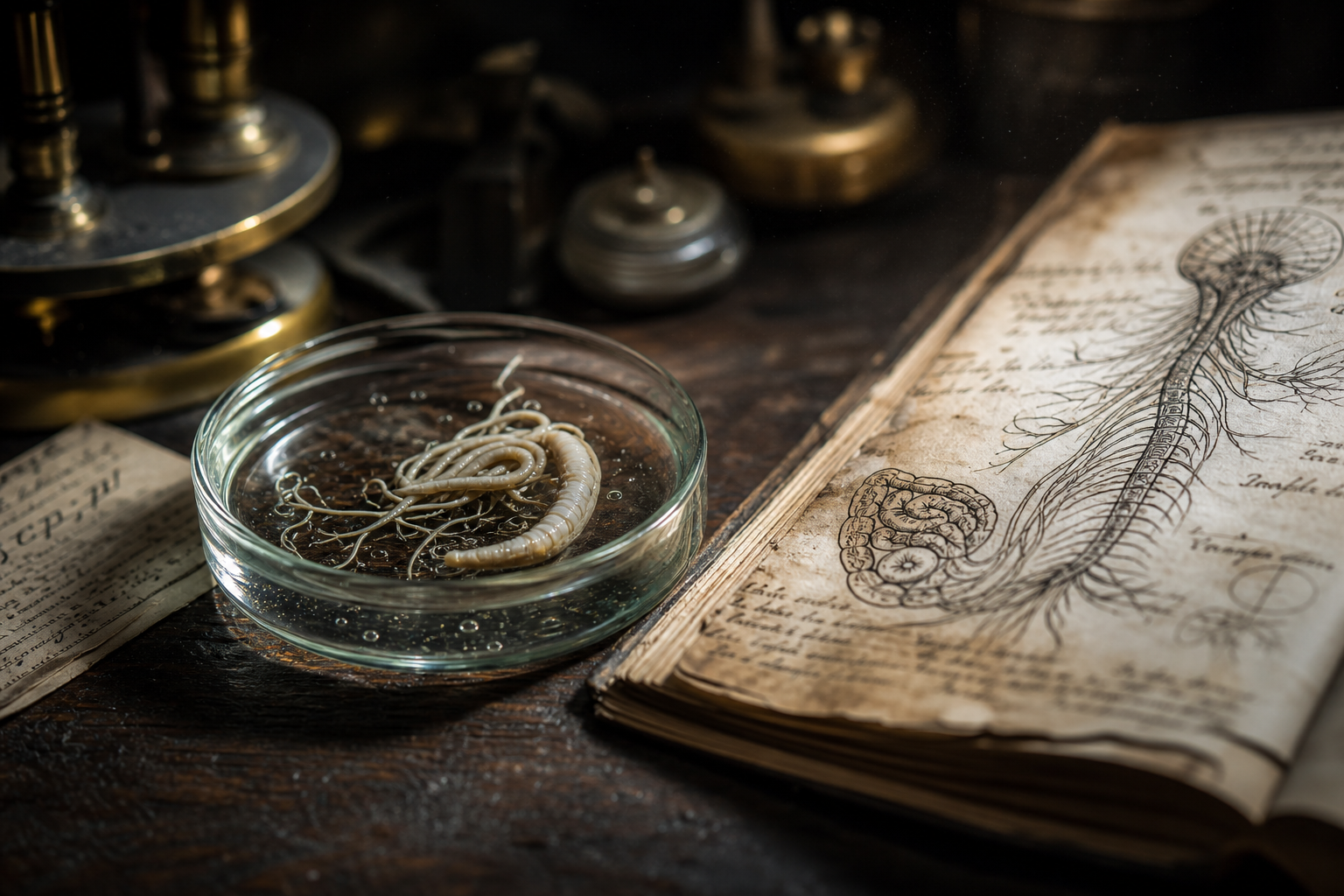 Macro photograph of a biological specimen dish beside antique anatomical manuscripts in a dimly lit laboratory.