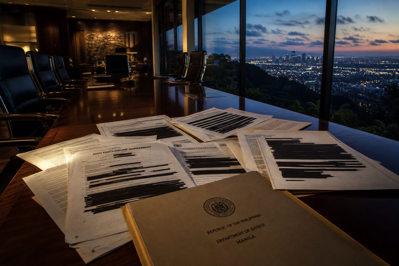 Redacted legal documents scatter across a dark mahogany table in an empty, dimly lit luxury boardroom overlooking city lights at dusk.