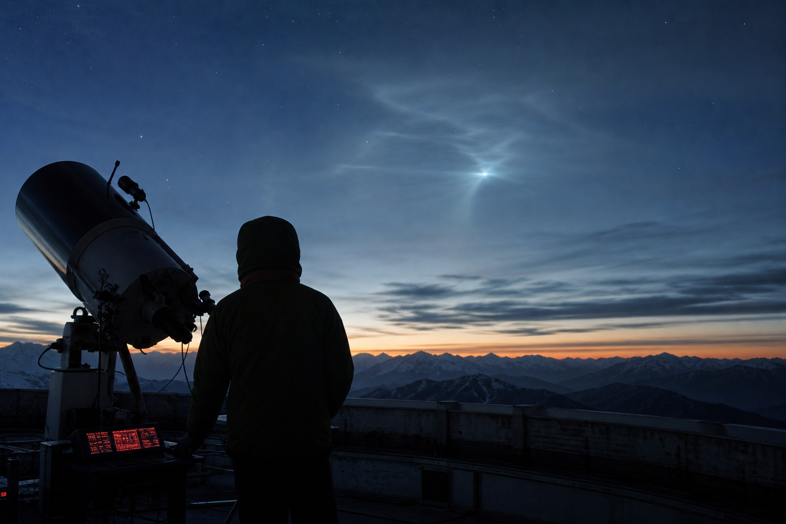 A researcher stands beside an observatory telescope at twilight, looking toward a mysterious glowing atmospheric light over mountains.