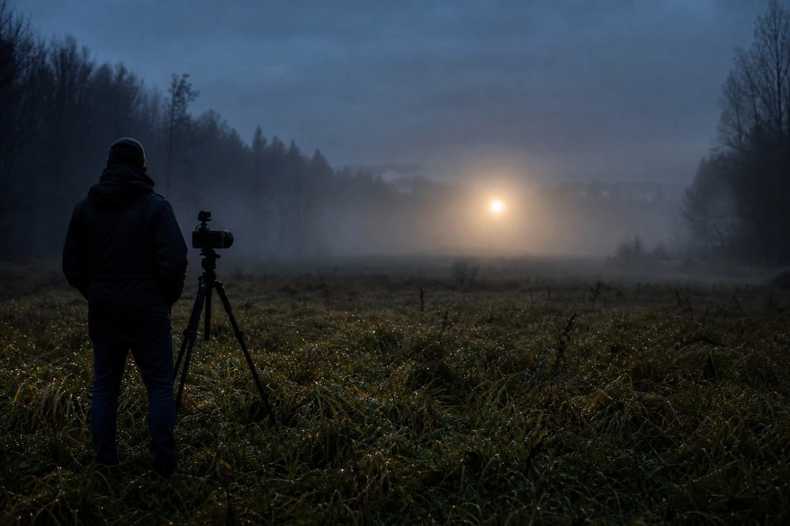 A lone researcher stands in a foggy field at dusk near a tripod camera, observing a faint glowing orb in the distance.