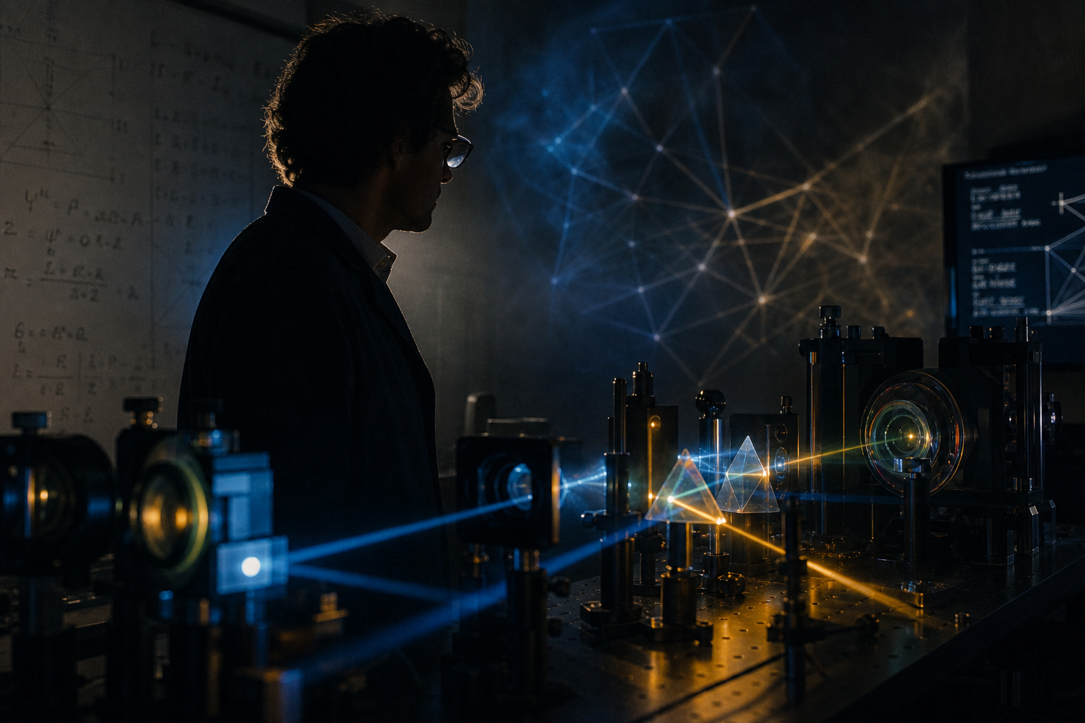 A researcher in a dark lab watches complex geometric light patterns project through optical prisms onto the surrounding surfaces.