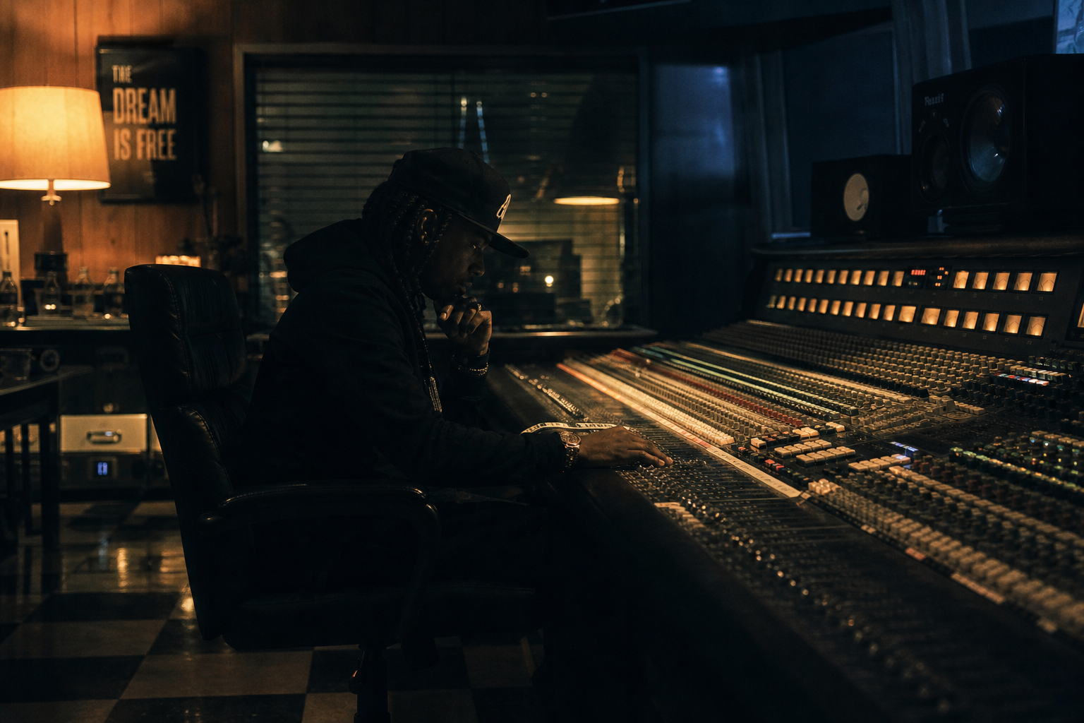 A music artist sits alone at a glowing sound mixing console in a dimly lit, dark recording studio at night.