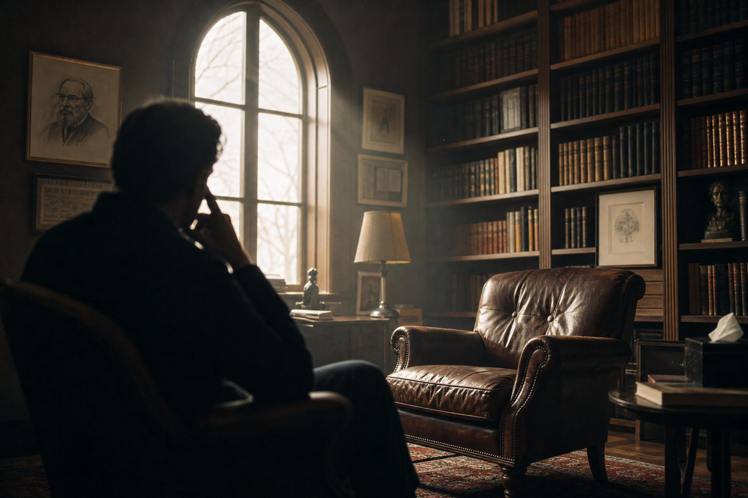 A quiet, dimly lit psychotherapy room with an empty leather armchair, wooden bookshelves, and soft sunlight from a window.