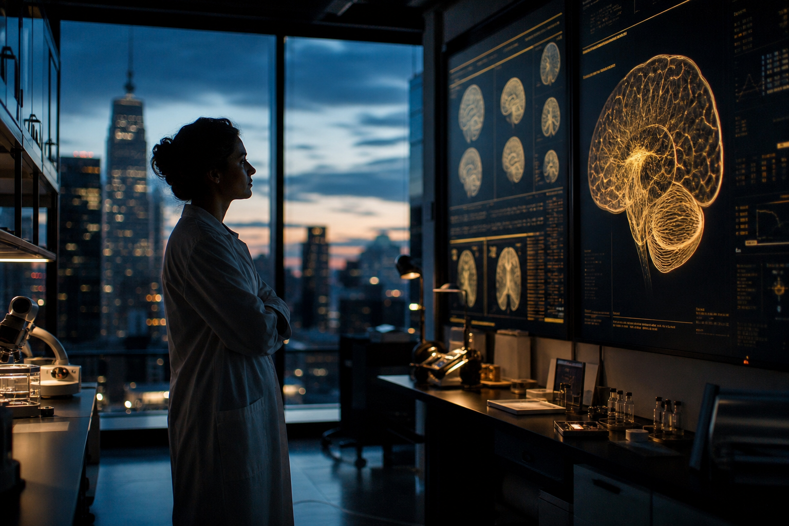 A neuroscientist stands in a dark laboratory, examining detailed glowing brain scans displayed on modern medical monitors.