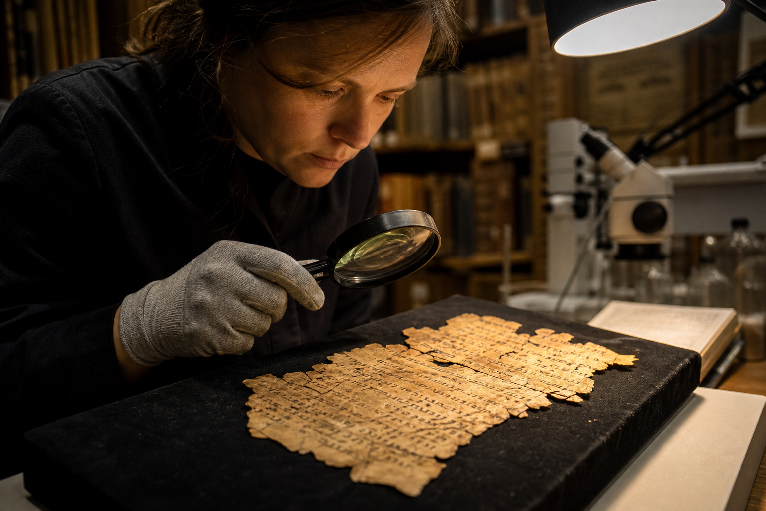Close-up of an archivist's gloved hand examining an ancient manuscript fragment under a lamp in a museum preservation lab.