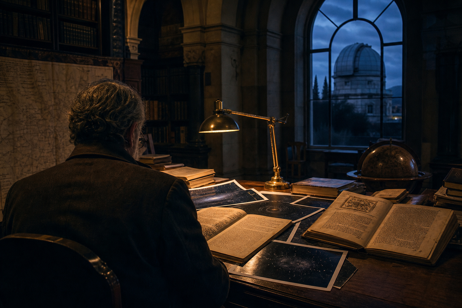 An ancient manuscript and deep-space star map illuminated on a desk inside a stone observatory library at dusk.