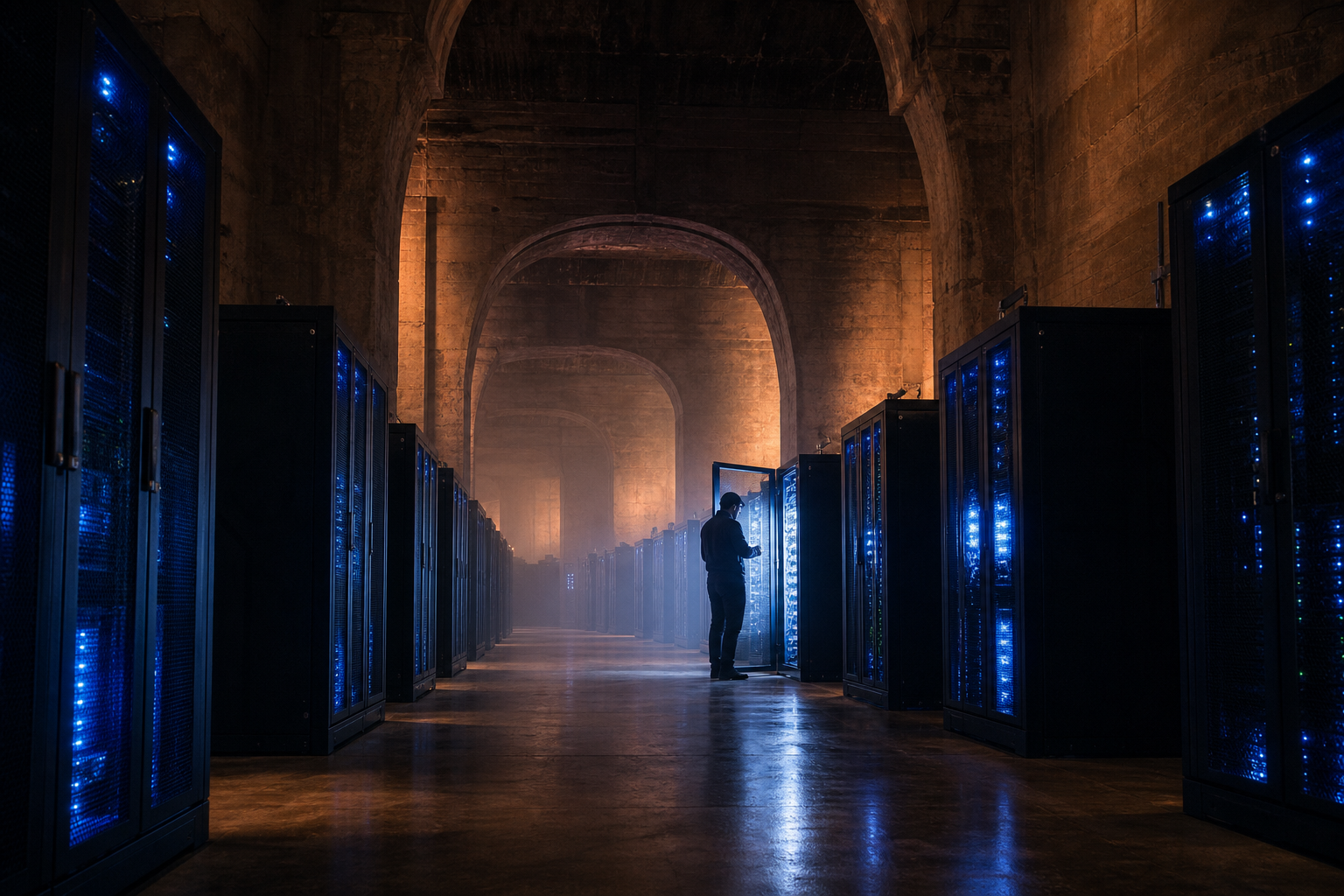 A dimly lit subterranean data center with monolithic server racks and a lone silhouetted technician in an editorial photo.