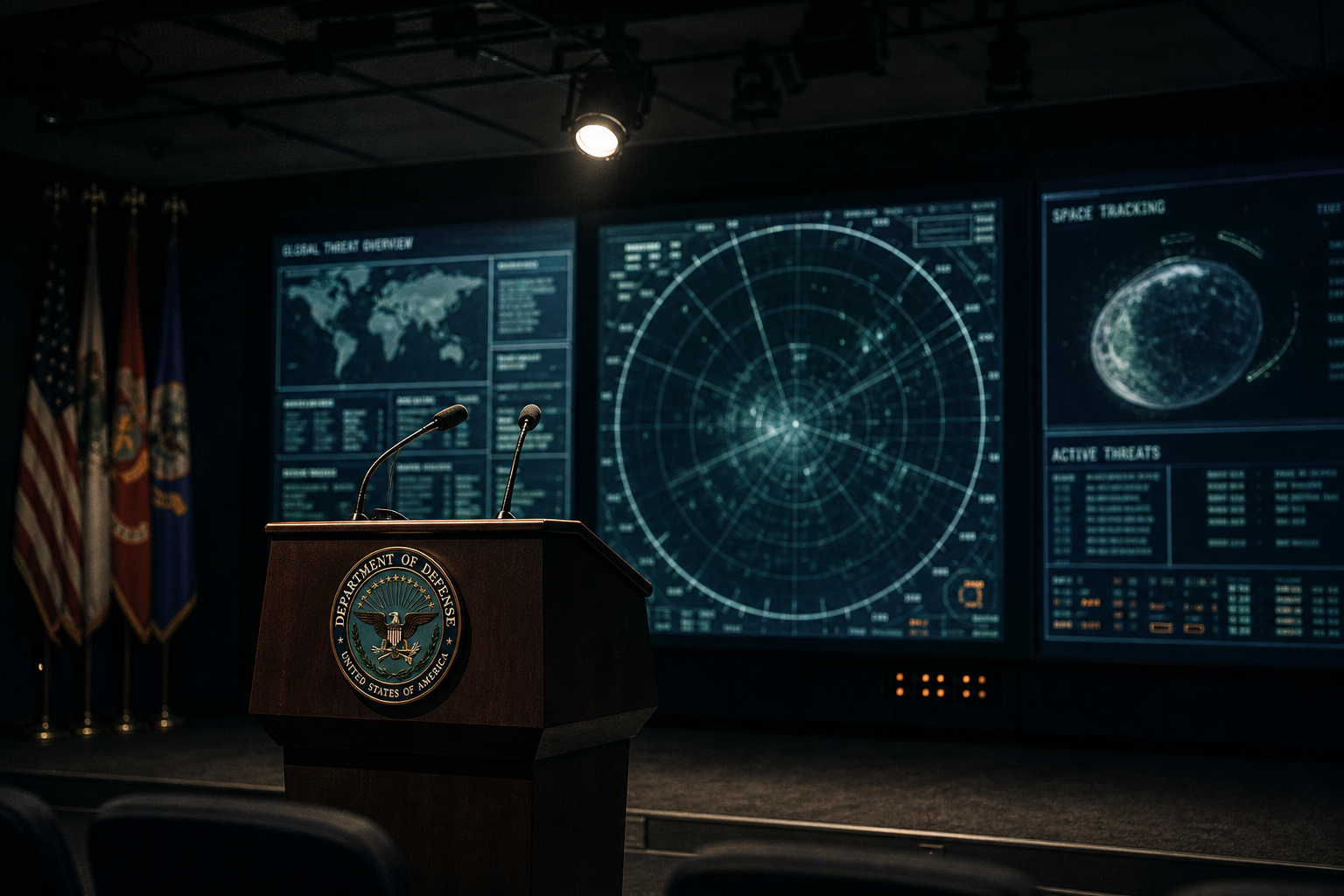 A dimly lit defense command room with an empty microphone podium set against glowing, soft-focus radar tracking displays.