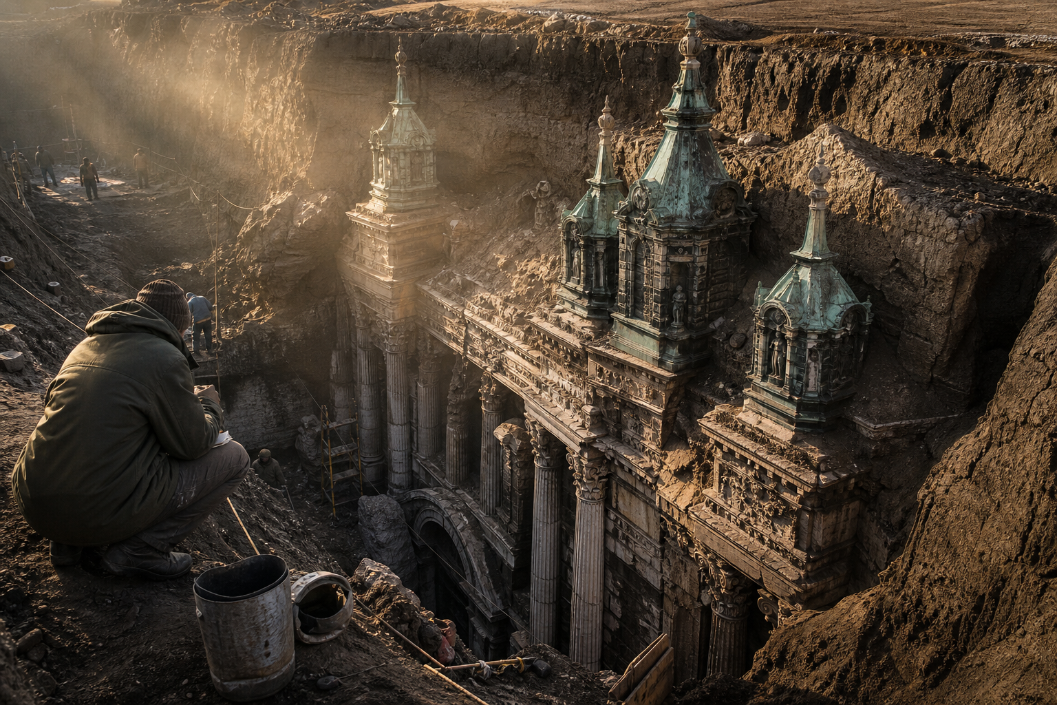 Archaeologists excavate elaborate classical architectural ruins buried deep beneath layers of earth at a sunset field site.