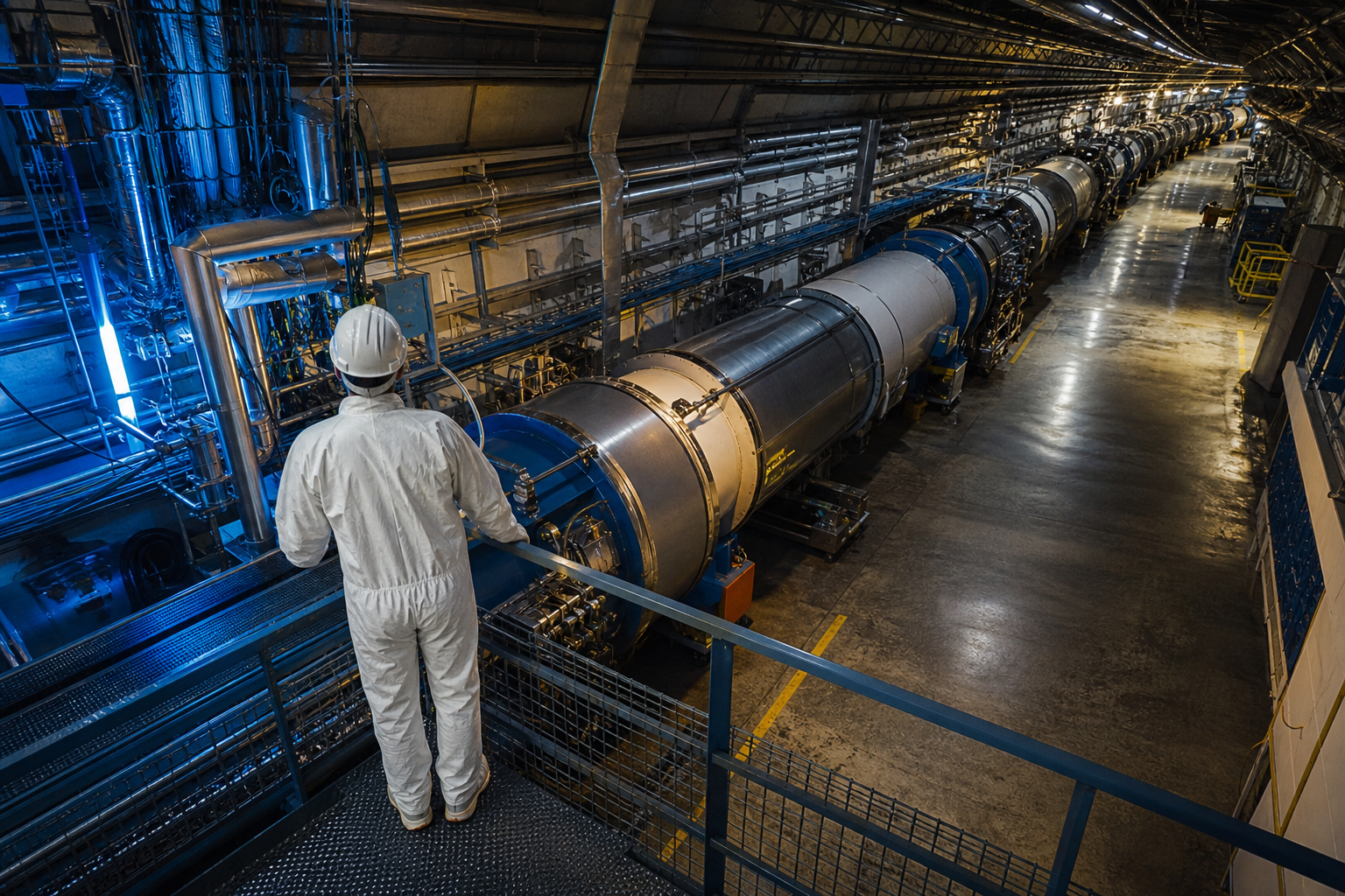 An engineer on a steel walkway views a massive, illuminated subterranean particle accelerator ring inside a high-tech facility.